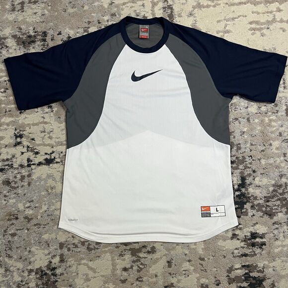Nike Training Shirt Mens L Navy White NikeFIT Raglan Baseball Jersey Style Top - Picture 1 of 9